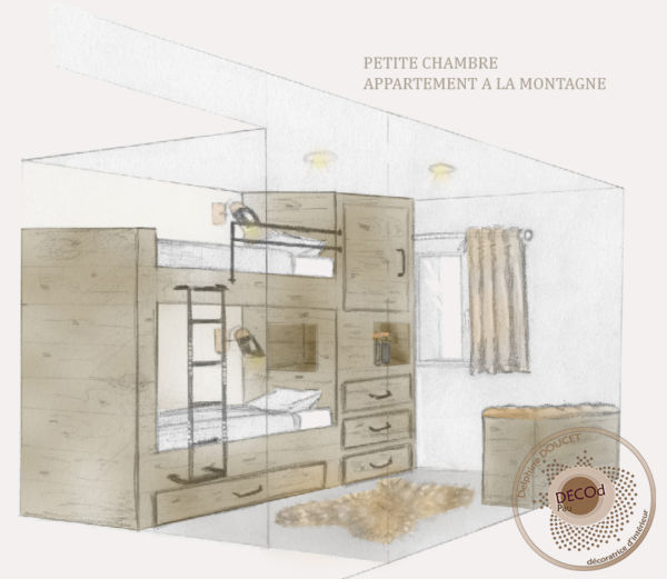 <strong>petite chambre à la montagne</strong> <em>agencement encastré afin de gagner un maximum en rangements</em><br /></p><p>