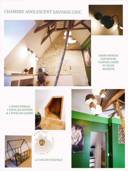 <strong>chambre adolescent sauvage chic</strong> <em>bureau intégré, lumineux, qui se fond dans le décor et met en valeur le mur en pierres</em><br /></p><p>