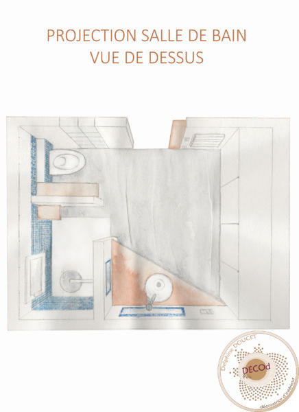 <strong>salle d’eau entre terre et mer</strong> <em>béton coulé au sol, bois, mosaïque bleue,espaces de rangement</em><br /></p><p>
