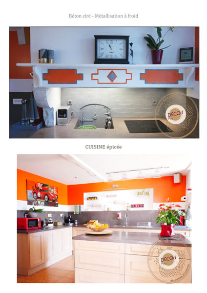 <strong>cuisine fermière épicée</strong> <em>métallisation à froid sur four à pain et parements , plan de travail et crédence en béton ciré gris., couleur orange</em><br /></p><p>
