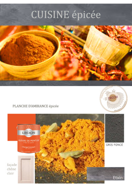 <strong>planche d’ambiance cuisine fermière épicée</strong> <em>thème des épices avec matières (peintures, béton ciré, métallisation à froid) </em><br /></p><p>