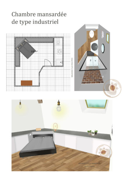<strong>chambre mansardée industrielle</strong> <em>projections suite industrielle mansardée haut de plafond</em><br /></p><p>